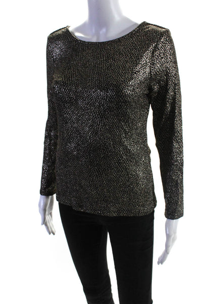 Catherine Malandrino Long Sleeve Metallic Scoop Neck Top Blouse Black Gold Small