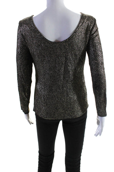 Catherine Malandrino Long Sleeve Metallic Scoop Neck Top Blouse Black Gold Small