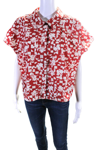 Cotelac Women's Collar Short Sleeves Button Down Shirt Red Size 3