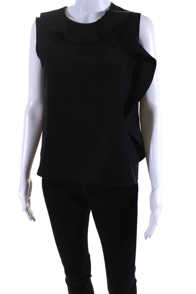 Cynthia Rowley Womens Sleeveless Crew Neck Ruffle Shell Top Blouse Black Large