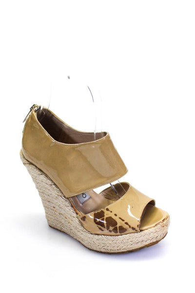 Jimmy Choo Womens Patent Leather Espadrille Wedge Sandals Beige Size 35 5