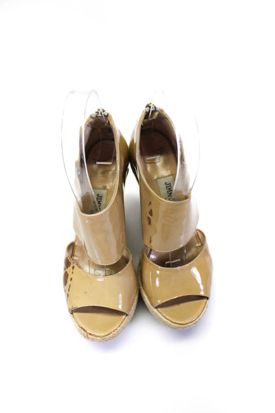 Jimmy Choo Womens Patent Leather Espadrille Wedge Sandals Beige Size 35 5