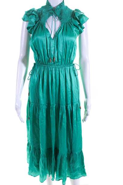 Karina Grimaldi Womens Satin Flutter Sleeve Tiered Midi A Line Dress Green XS