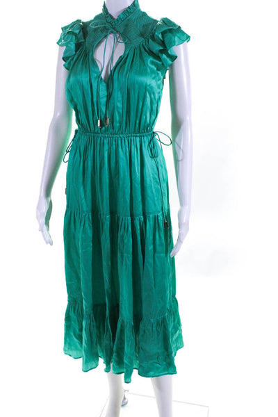 Karina Grimaldi Womens Satin Flutter Sleeve Tiered Midi A Line Dress Green XS