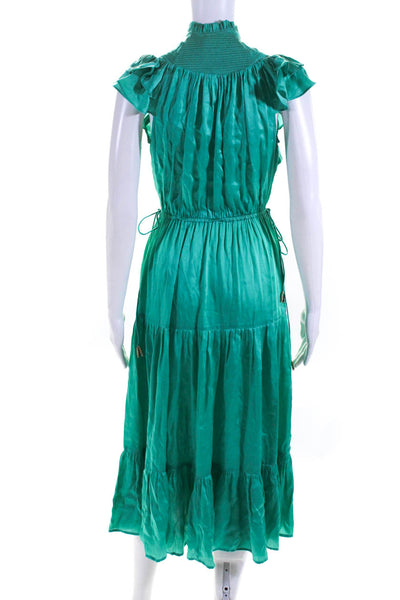 Karina Grimaldi Womens Satin Flutter Sleeve Tiered Midi A Line Dress Green XS