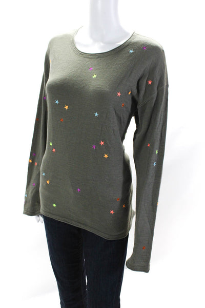 Lisa Todd Womens Star Embroidered Long Sleeved Thin Knit Sweater Green Size L