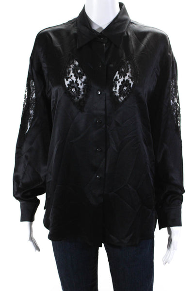 Vanita Rosa Womens 100% Silk Floral Lace Collared Buttoned Shirt  Black Size L