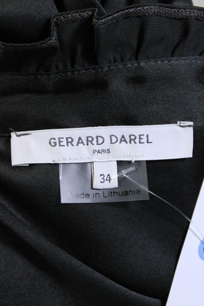 Gerard Darel Womens Long Sleeve Frill Neck Satin Top Blouse Dark Green FR 34