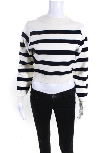 Zara Womens Crew Neck Breton Striped Sweater Ivory Navy Blue Size Small