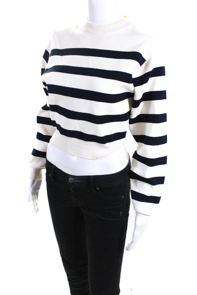 Zara Womens Crew Neck Breton Striped Sweater Ivory Navy Blue Size Small