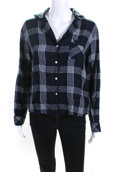 Rails Womens Plaid Print Buttoned Collared Long Sleeve Top Navy Size S