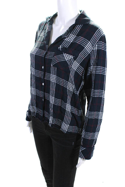 Rails Womens Plaid Print Buttoned Collared Long Sleeve Top Navy Size S