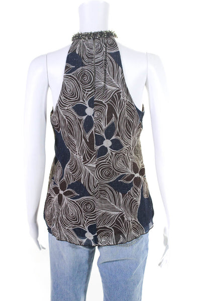 Trina Turk Womens Silk Floral Print Zipped Ribbed Halter Top Brown Size 6