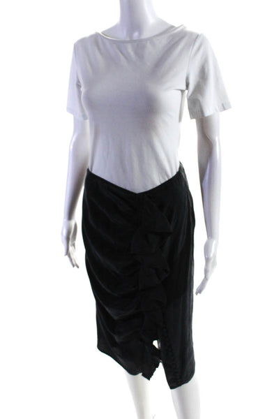 Yves Saint Laurent Womens Silk Ruffled Button-Up Straight Skirt Black Size M