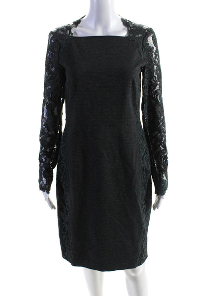Elie Tahari Lace Detail Square Neck Long Sleeve Mid-Calf Dress Gray Size 6