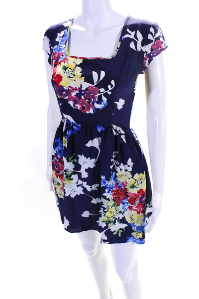 Yumi Kim Womens Blue Silk Floral Scoop Neck Short Sleeve Shift Dress Size XS
