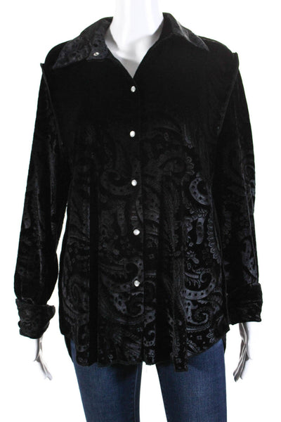 Ears Of Buddha Women's Velour Paisley Print Button Down Blouse Black Size L