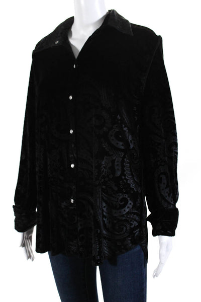 Ears Of Buddha Women's Velour Paisley Print Button Down Blouse Black Size L