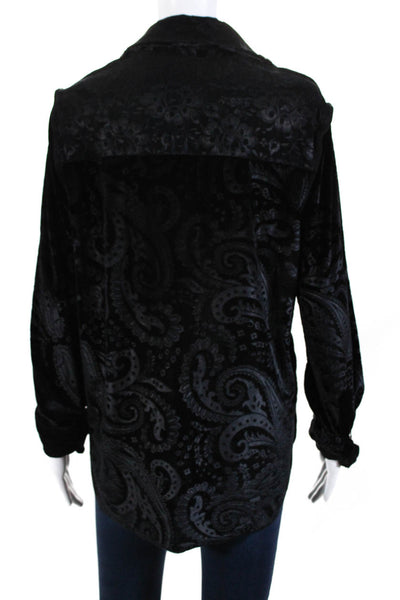 Ears Of Buddha Women's Velour Paisley Print Button Down Blouse Black Size L