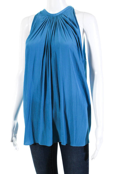 Ramy Brook Women's Sleeveless Pleated Halter Neck Blouse Blue Size M