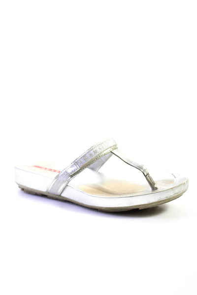Prada Sport Womens Leather Thong Slide On Sandals Silver Size 36 6