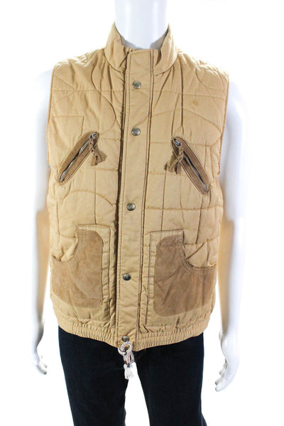 Folk Mens Front Zip Suede Trim Mock Neck Quilted Vest Jacket Brown Size 3