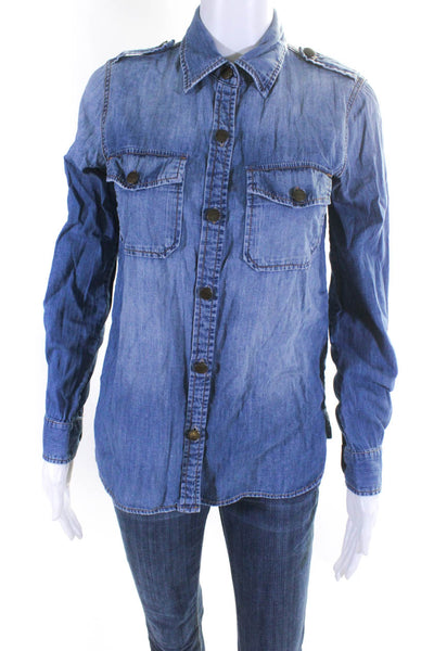 Current/Elliott Womens Long Sleeved Thin Denim Button Down Shirt Blue Size 0