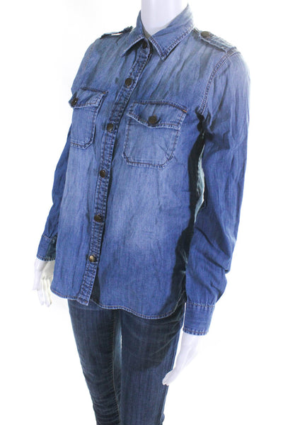 Current/Elliott Womens Long Sleeved Thin Denim Button Down Shirt Blue Size 0