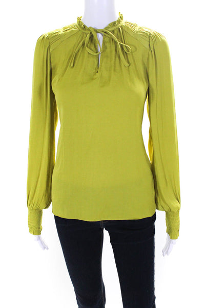 Rachel Roy Womens Ruffled V-Neck Smocked Long Sleeve Blouse Top Green Size XS