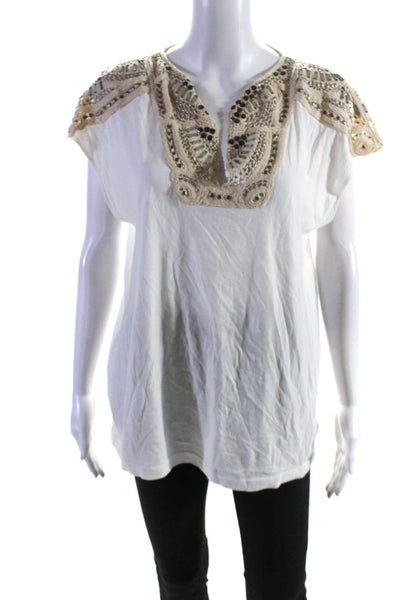 Tory Burch Women's Crochet Embellish Short Sleeves Blouse White Size M