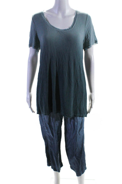 Donna Karan Women's Crewneck Short Sleeves Two Piece Pant Set Blue Size M