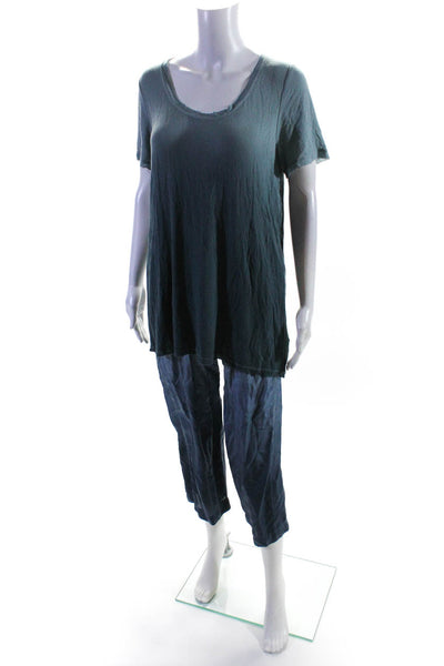 Donna Karan Women's Crewneck Short Sleeves Two Piece Pant Set Blue Size M