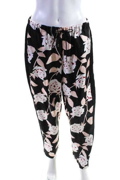 Les Copains Womens 100% Silk Floral Drawstring Pants Black White Pink Size 44