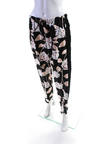 Les Copains Womens 100% Silk Floral Drawstring Pants Black White Pink Size 44