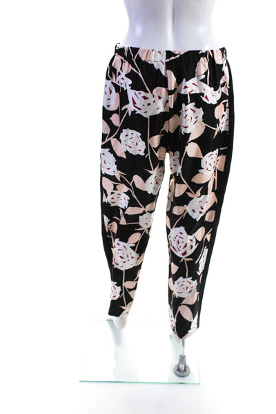 Les Copains Womens 100% Silk Floral Drawstring Pants Black White Pink Size 44