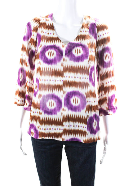 Trina Turk Womens Cotton Striped Abstract Print Bell Sleeve Top Purple Size P