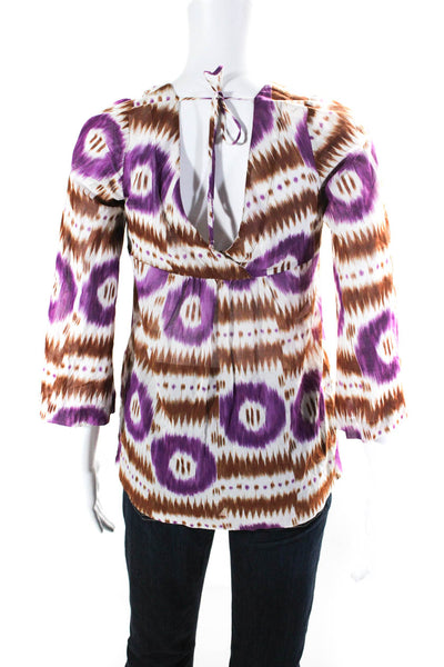 Trina Turk Womens Cotton Striped Abstract Print Bell Sleeve Top Purple Size P