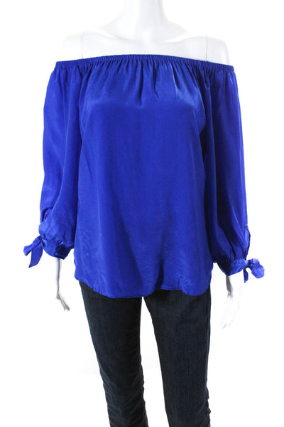 Shahida Parides Womens Silk Off the Shoulder Long Sleeve Blouse Blue Size M/L