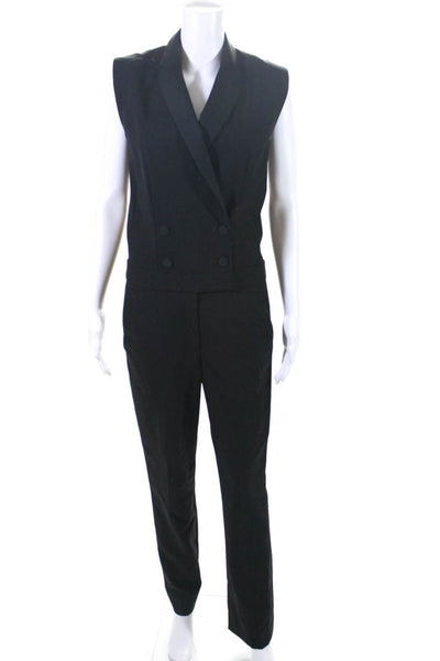 Isabel Marant Womens Pointed Lapel Pleated V Neck Jumpsuit Black Wool Size FR 36