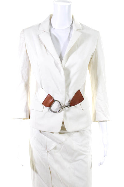 KaufmanFranco Womens Hook Front Notched Lapel Skirt Suit White Cotton Size 2