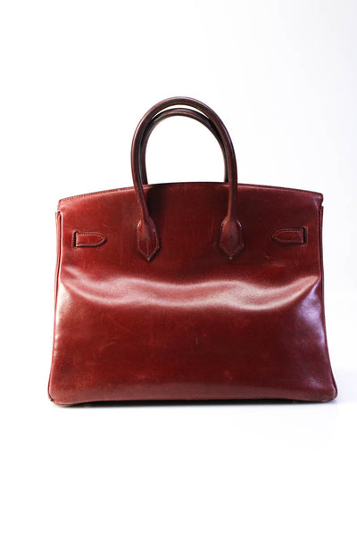 Hermes Womens Birkin 35 Tote 2001 Handbag Vintage Oxblood Box Leather Dark Red