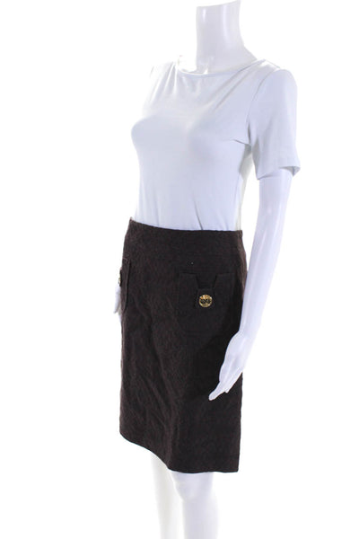 Milly Womens Textured Buttoned Straight Back Zipped Midi Skirt Brown Size 8