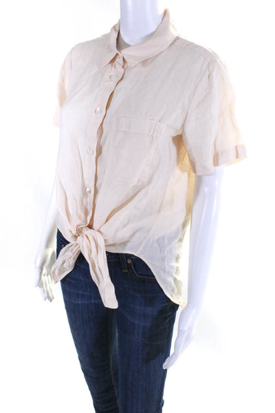 Theory Womens Short Sleeved Collared Tied Front Buttoned Blouse Beige Tan Size S