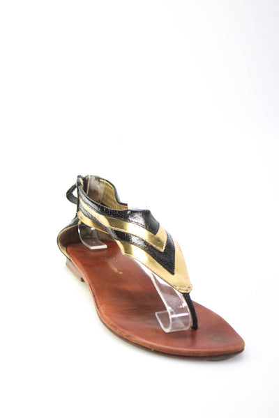 Matt Bernson Women's Zip Closure Open Toe Flat Sandals Gold Black Size 6