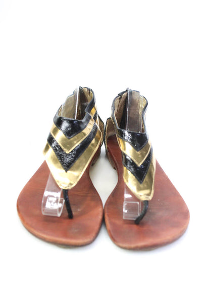 Matt Bernson Women's Zip Closure Open Toe Flat Sandals Gold Black Size 6