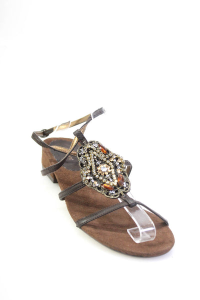 Chedive Women's Low Block Heel Embellished Strappy Sandals Brown Size 37