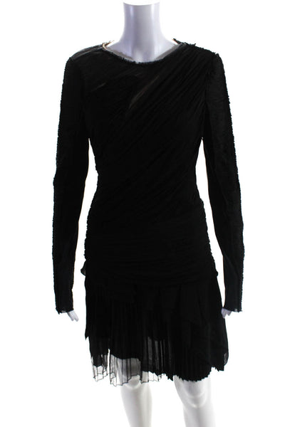 J. Mendel Womens Sheer Pleated Ruched Long Sleeve Bodycon Dress Black Size 8