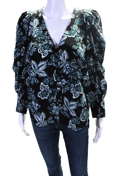 Veronica Beard Womens Silk Floral Print V-Neck Buttoned Blouse Blue Size 2