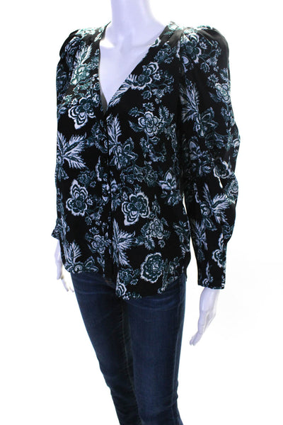 Veronica Beard Womens Silk Floral Print V-Neck Buttoned Blouse Blue Size 2