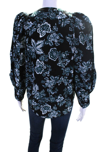 Veronica Beard Womens Silk Floral Print V-Neck Buttoned Blouse Blue Size 2